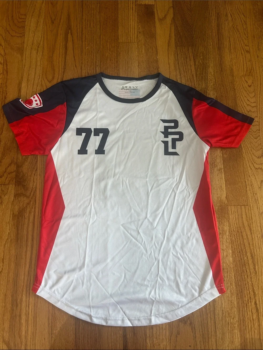 White, Red & Black Athletic Jersey with Number 77 Youth XL NEW